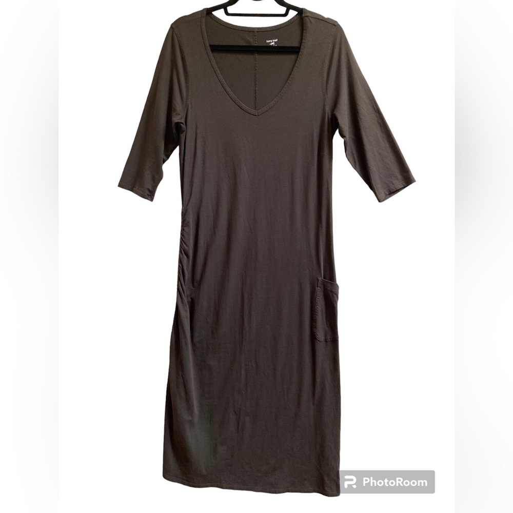 HORNY TOAD Muse Dress 3/4 Sleeve V-Neck Side Ruching Coffee Brown Sz L